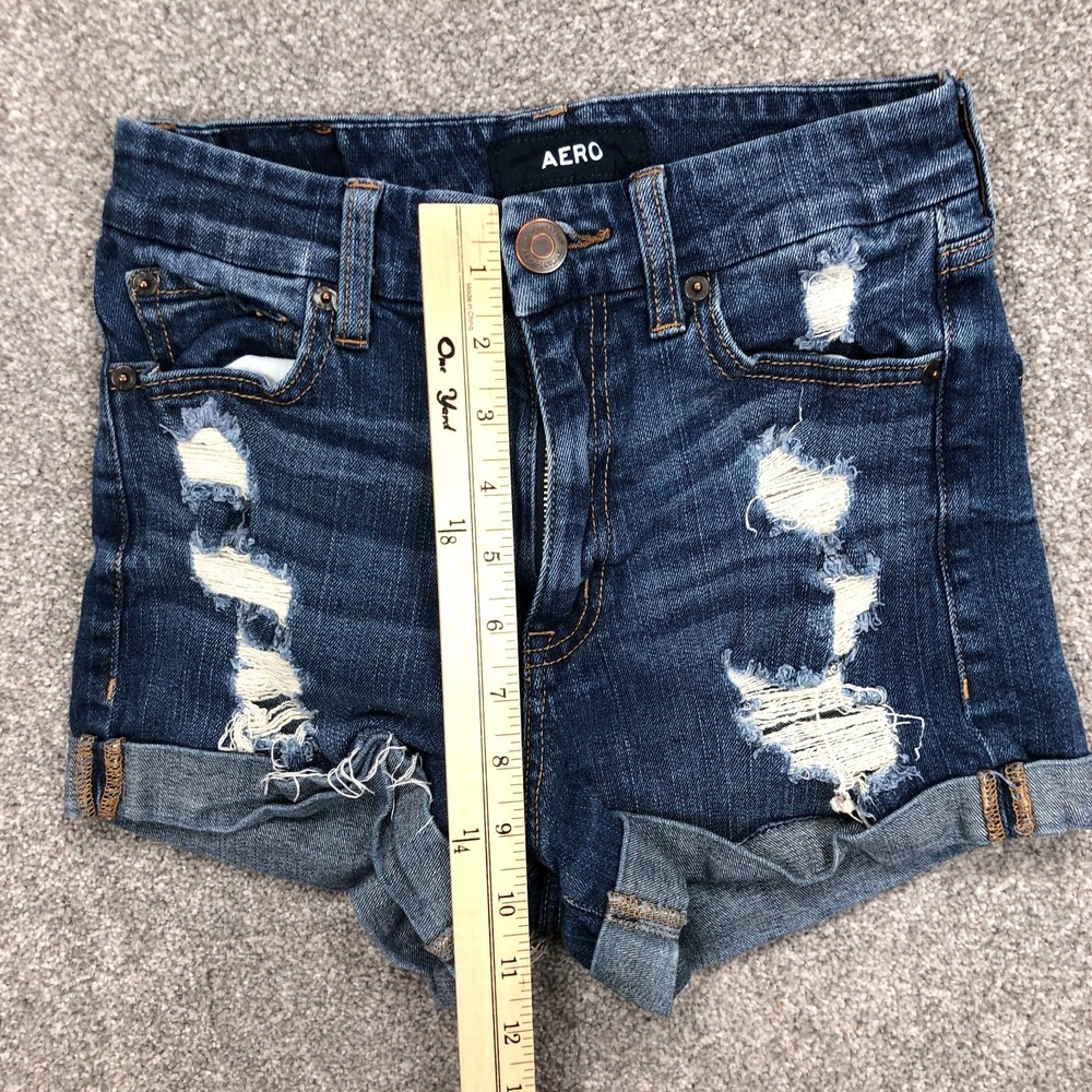 Aero Shorts Women 2 Midi High Rise Curvy Blue Jean Dark Faded Out Ripped Holes - Picture 3 of 8